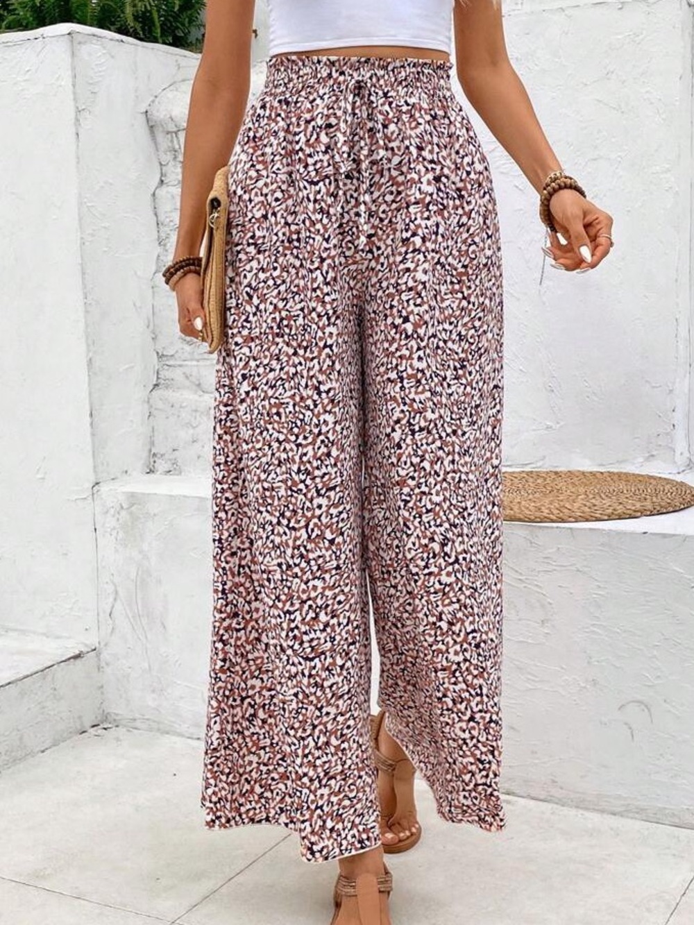 Boho Leopard Print Loose Summer Wide Leg Pants Size L Resort wear